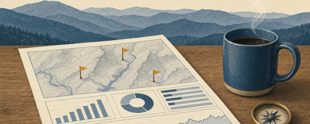 Field-guide illustration: a one-page morning brief with three small amber flags, beside a coffee mug