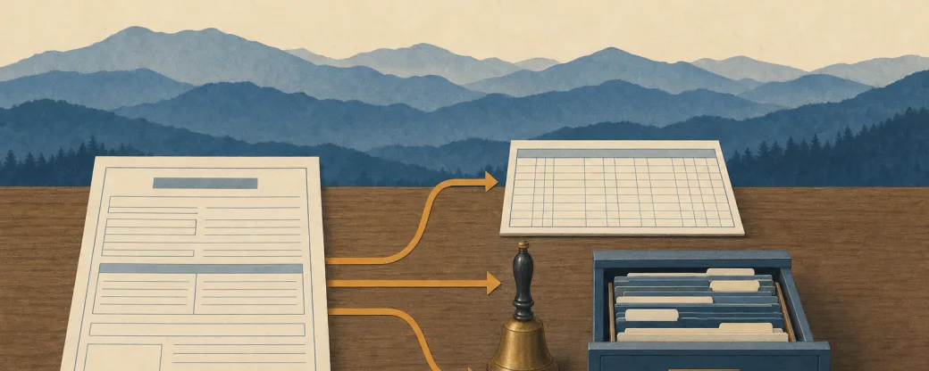 Field-guide illustration: an intake form routing along amber lines into a ledger sheet, a bell, and a filing drawer