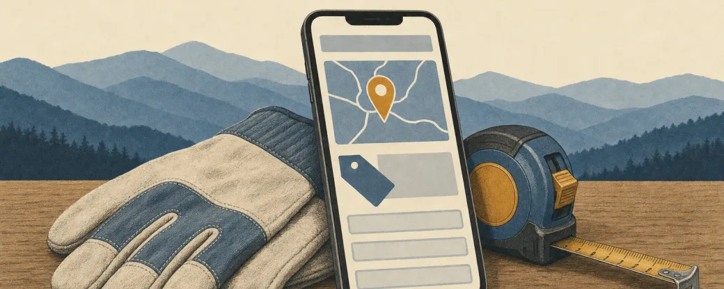 Field-guide illustration: a smartphone showing a simple service page, propped against work gloves and a tape measure