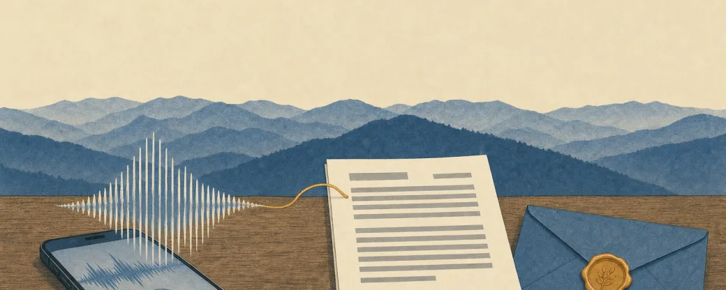 Field-guide illustration: a soundwave rising from a phone, flowing into a paper quote and a sealed envelope